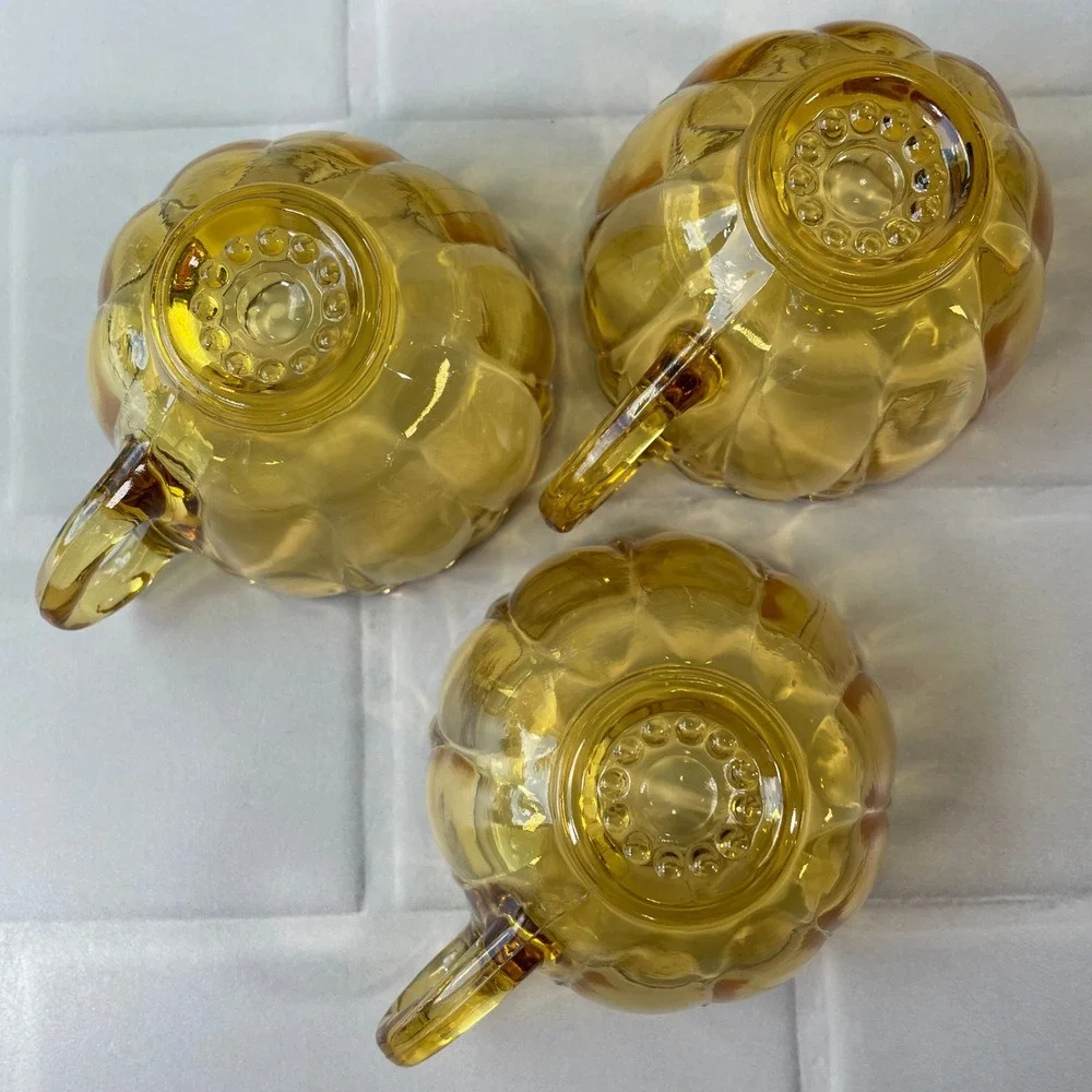 Vintage Hazel Atlas Glass AMBER Yellow Gold Sun Petal Snack Set 3 Plates 3 Cups